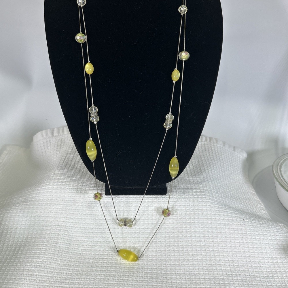 Vintage Illusion Necklace 2 Strands Cats-Eye Yellow Glass Beads Faceted Rondelle